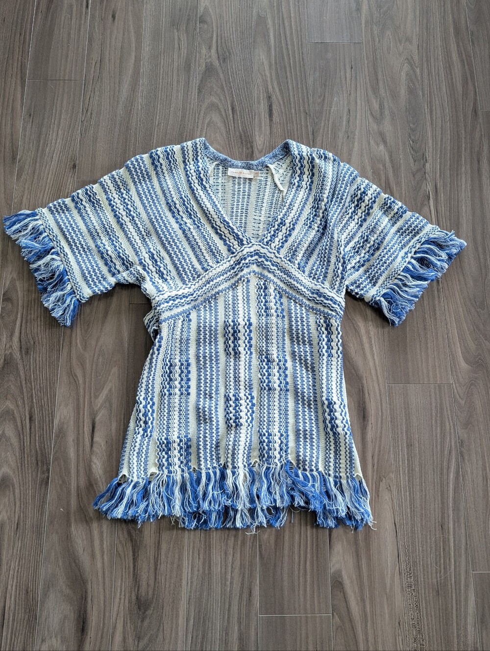 Tory Burch Blue and White Striped Fringe Knit Cotton Linen V-Neck Tunic (XS)